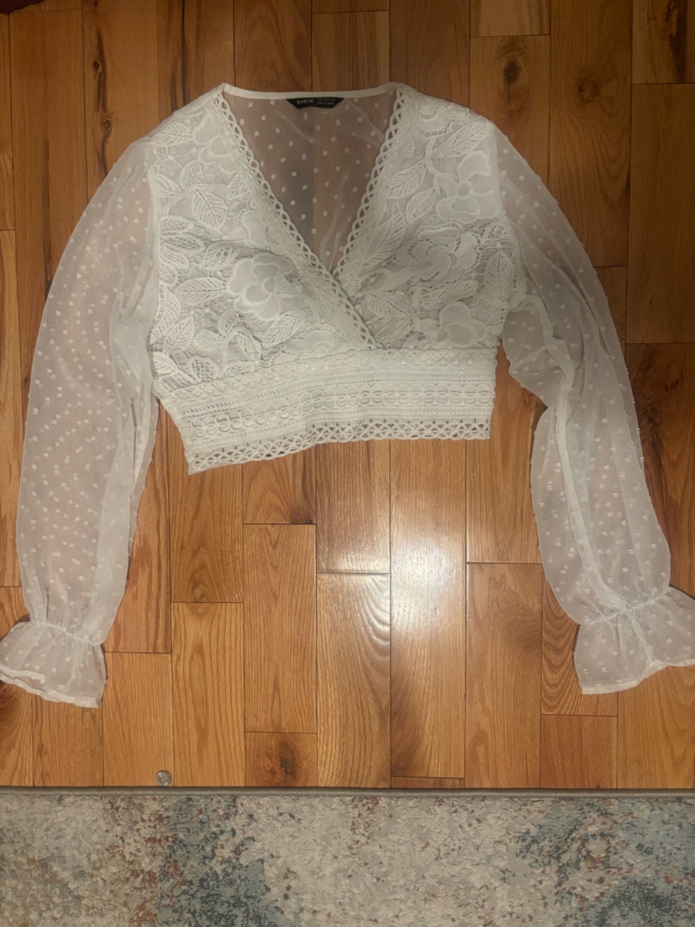 SHEIN White Lace Crochet Crop Top with Sheer Dotted Panel